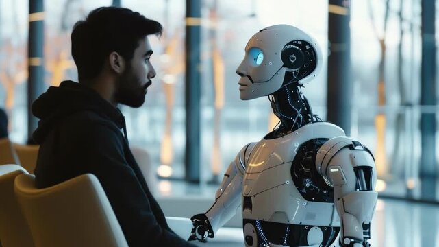 Man Talking to a Humanoid Robot in a Modern Interior