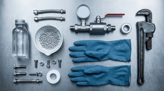 Industrial chemical laboratory knolling with aldehyde sample vial, catalyst pellets, pressure valve, pipe wrench and safety gloves on a metal table.