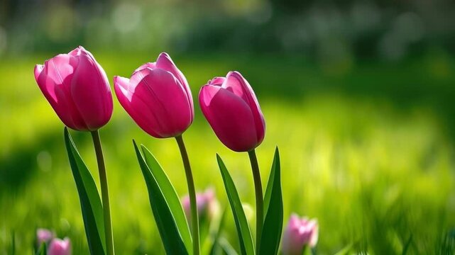 Close-up of Pink Tulips Blooming in a Sunlit Meadow