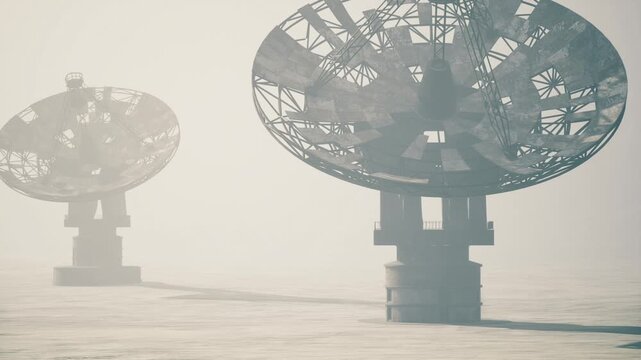 Radio dishes scanning for cosmic signals in lowvisibility conditions, array of parabolic antennas standing in misty plain, subdued palette and diffuse light