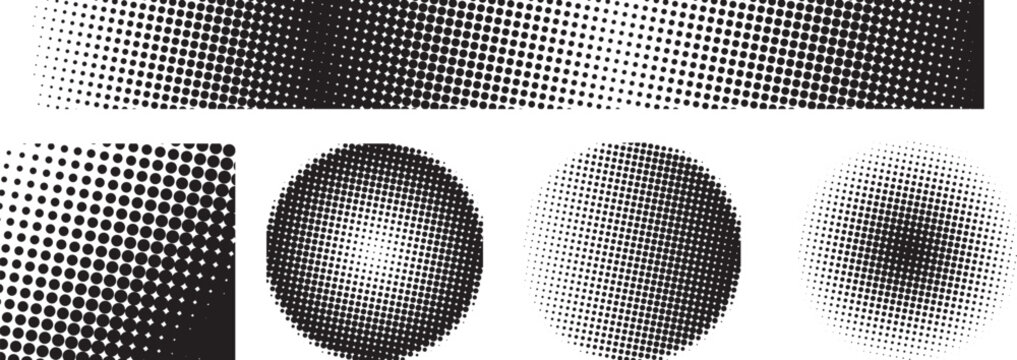 Monochrome Halftone Dot Pattern Banner and Circle Elements Set Vector