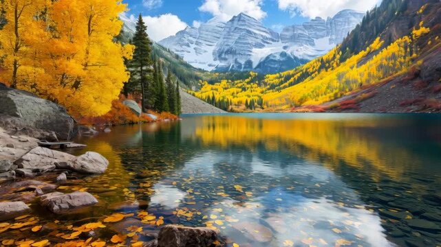 Scenic Mountain Lake with Golden Autumn Foliage and Snow-Capped Peaks