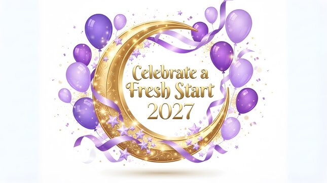 Celebration graphic with golden wreath balloons and festive text for 2027