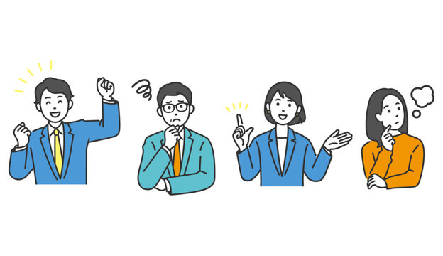社会人男女のシンプルな線画イラスト上半身セット