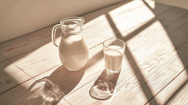 Glass pitcher and glass filled with fresh white milk on a light rustic wooden table
