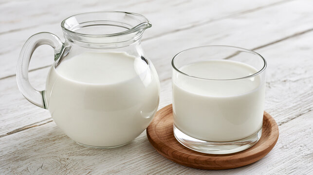 Glass pitcher and drinking glass of fresh milk on a wooden coaster with beverage