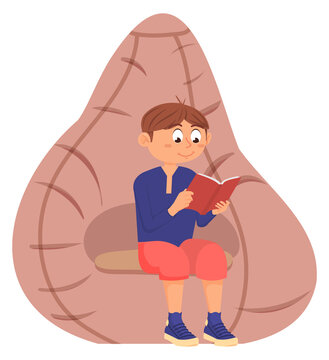 Kid reading on beanbag chair. Book lover leisure