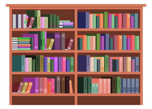 Bookcase full of books. Library interior wooden furniture