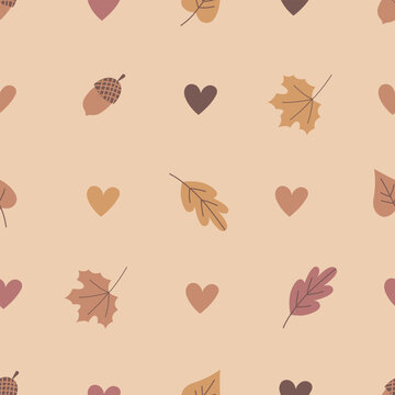 Cute fall seamless pattern with leaves, acorns and hearts. Simple background with love to autimn concept