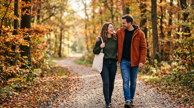 A happy couple in love walks through the autumn forest in warm clothes, hugging and smiling on a path strewn with golden leaves