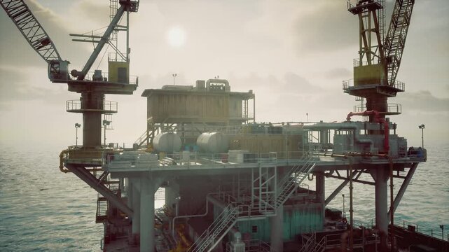 Offshore oil rig platform standing against rising sun with prominent cranes and steel supports, sea stretching to horizon. Strong composition highlights