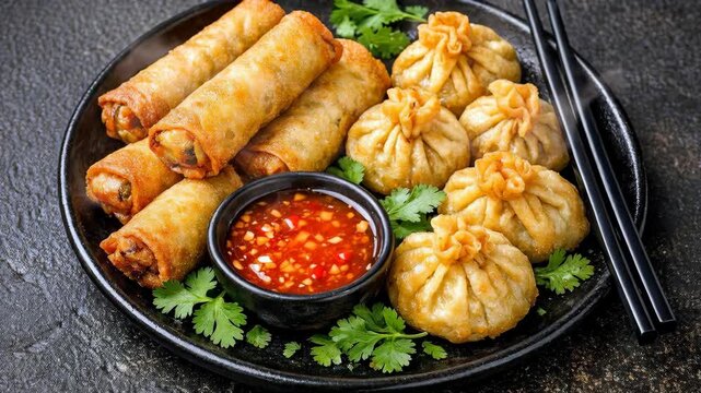 Crispy Fried Spring Rolls and Dumplings with Chili Sauce