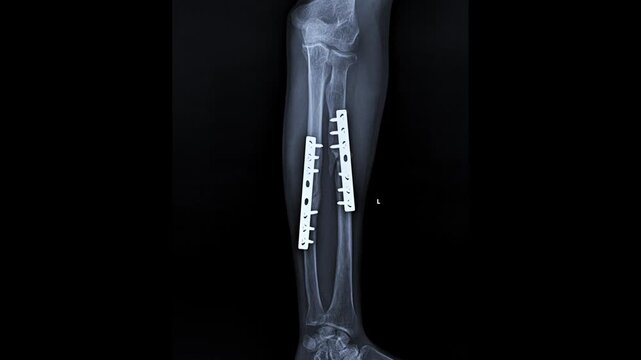 Lower Leg X-ray Showing Tibia and Fibula Fracture Fixation with Metal Plates