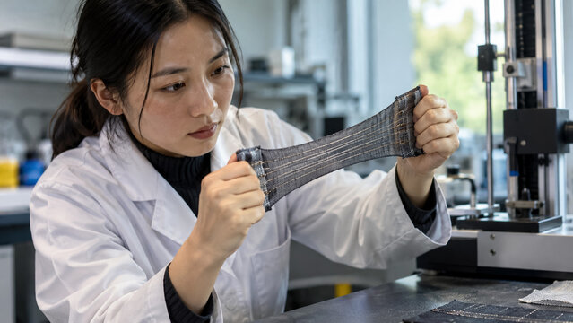 Asian female researcher stretches and tests smart electronic textile swatch in laboratory. Concept of scientist, smart fabric, wearable technology, lab.