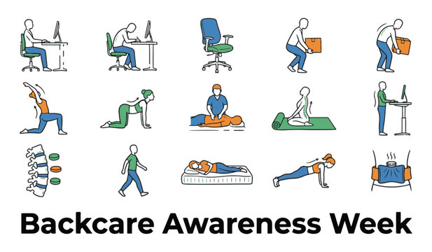 Backcare Awareness Week icon set showing proper posture, ergonomics, spinal care, and stretching exercises vector