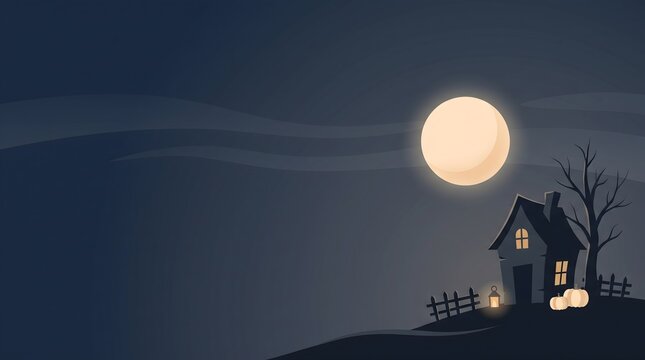 Halloween Night Scene with Haunted House, Full Moon, and Pumpkins