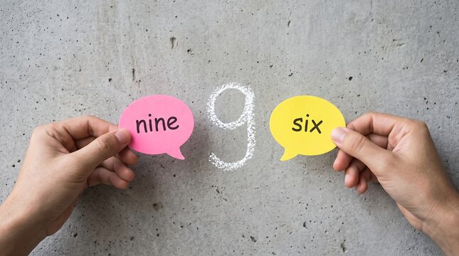 Hands holding paper speech bubbles with numbers nine and six