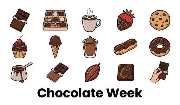Chocolate Week icon set featuring chocolate bars, desserts, hot cocoa, donuts, cupcakes, and sweet treats vector