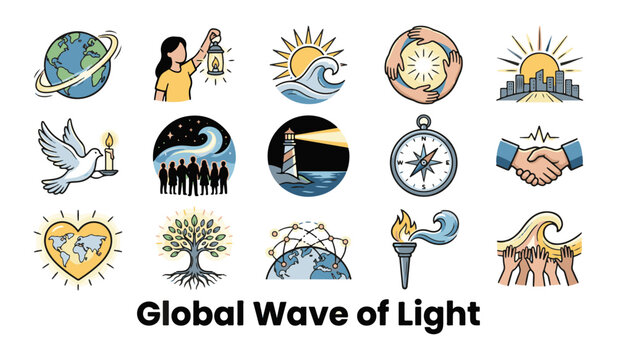 Global Wave of Light icon set featuring memorial candles, lighthouse, world peace, unity, and hope symbols vector