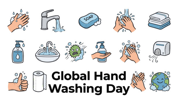 Global Hand Washing Day icon set featuring hygiene practices, soap, water tap, germs protection, and clean hands vector
