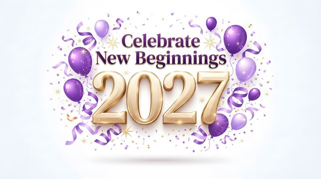Golden 2027 new year celebration with purple balloons and confetti background