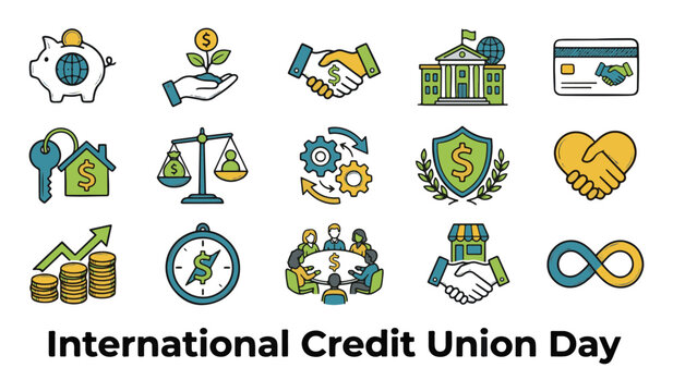 International Credit Union Day icon set featuring piggy bank, financial growth, banking, investment, and equality symbols vector