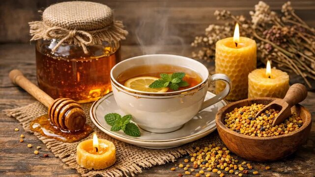 Cozy Herbal Tea with Honey, Lemon, and Bee Pollen with Lit Candles