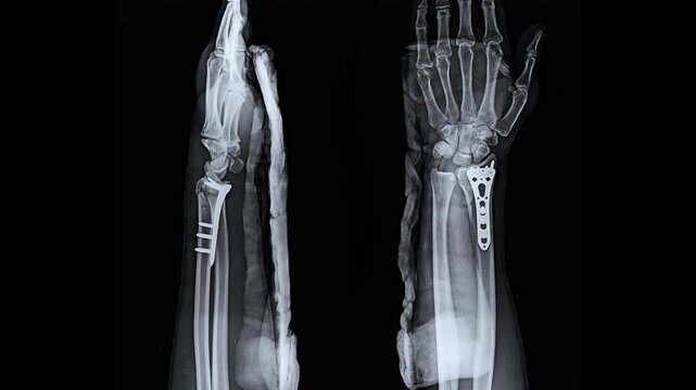 X-ray of Fractured Radius and Ulna Wrist Fixed with Metal Bone Plate and Cast