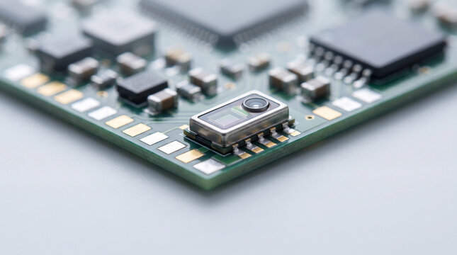 Macro detailed professional sensor on circuit board technology chip component hardware engineering electronic equipment focused