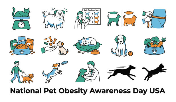 National Pet Obesity Awareness Day icon set featuring dog and cat weight check, healthy pet food, veterinary care, and active exercise vector