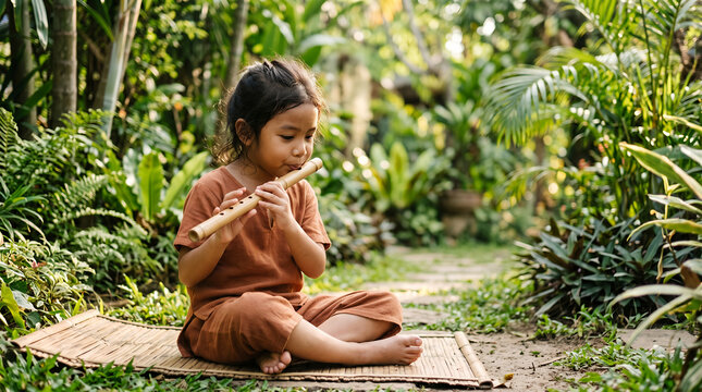 A young Asian child gracefully plays a wooden bamboo flute while sitting peacefully in a lush tropical garden surrounded by green foliage