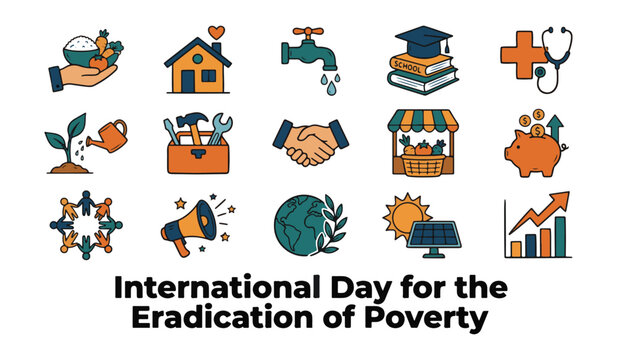 International Day for the Eradication of Poverty icon set showing education, healthcare, clean water, shelter, and community support vector