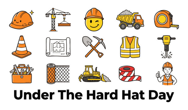 Under The Hard Hat Day icon set featuring safety helmet, construction tools, heavy machinery, blueprint, and builder site equipment vector
