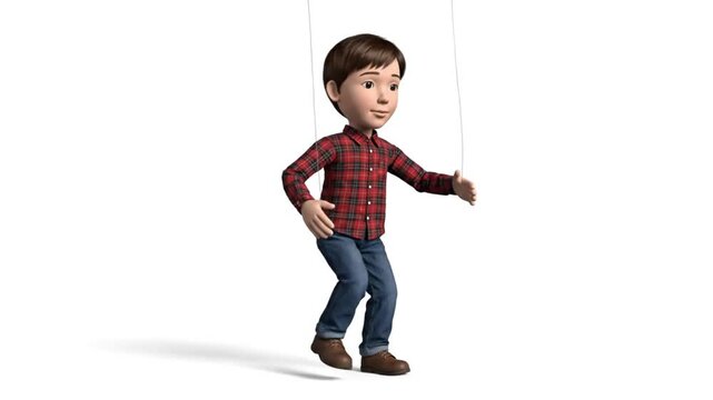 Puppet boy in plaid shirt and jeans walking on strings