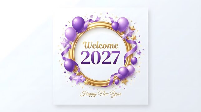 Elegant new year 2027 greeting card with purple balloons and golden frame