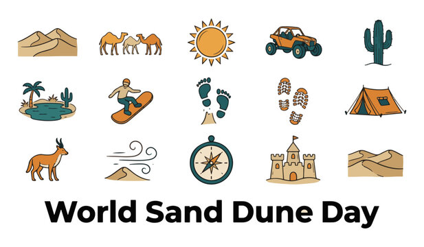 World Sand Dune Day icon set featuring desert dunes, camels, sandboarding, off-road buggy, oasis, and desert adventure vector