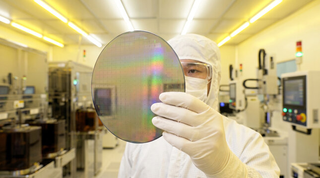 Professional engineer holding silicon wafer with focused expression in cleanroom laboratory environment