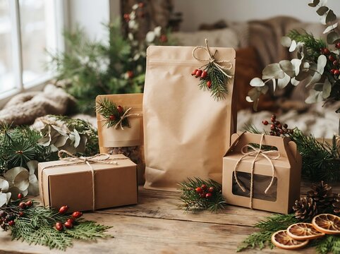 Eco friendly brown paper pet food packaging decorated with festive greenery for holiday gift giving.