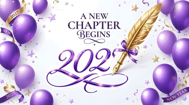 Festive new year 2027 celebration with balloons and golden quill pen