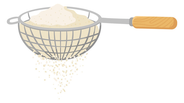 Sifting flour with metal sieve. Cooking cartoon icon