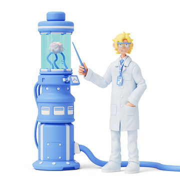 3D render of male doctor pointing with stick pointer at an artificially grown biological brain prototype in liquid-filled glass cylinder capsule isolated on transparent background. Scientific research