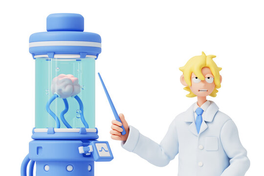 3D render of male doctor pointing with stick pointer at an artificially grown biological brain prototype in liquid-filled glass cylinder capsule isolated on transparent background. Scientific research