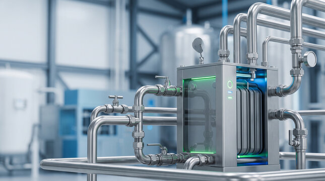 Professional industrial electrolysis system unit for hydrogen production process inside modern factory facility with metal pipe