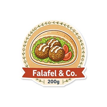 Falafel and co round food sticker featuring fried falafel balls on lettuce middle eastern food vegetarian food street food logo vegan food vegetarian meal