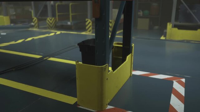In a bustling warehouse, bright yellow safety barriers mark off areas, while ambient lighting casts intriguing shadows on the smooth blue floor. Caution awaits around every corner.