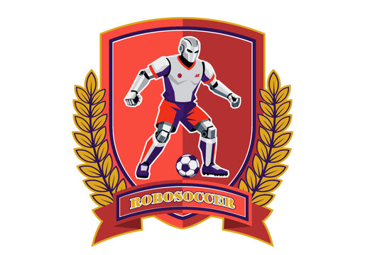 Vector logo, emblem or sticker. Sports crest. Robot and football. Soccer ball. Ribbon, shield and branches. Sport and AI. Artificial intelligence. Coat of arms. Esports. Isolated background