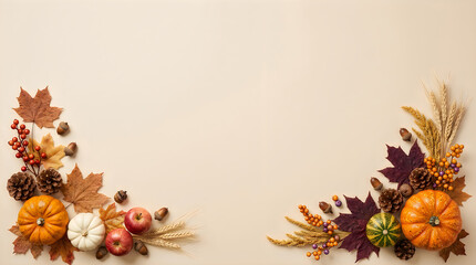 Fototapeta premium Autumnal floral arrangement with pumpkins and fall foliage border design
