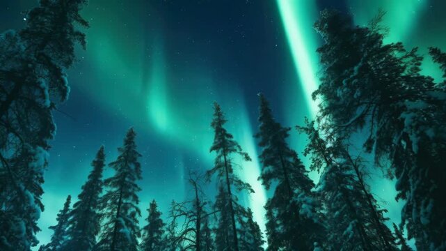 Aurora Borealis Glowing over a Snowy Pine Forest at Night
