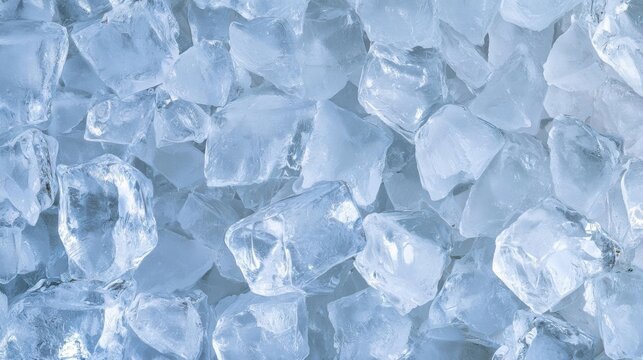 Close-up of a pile of ice cubes. the ice cubes are of different sizes and shapes, with some being larger and some being smaller.