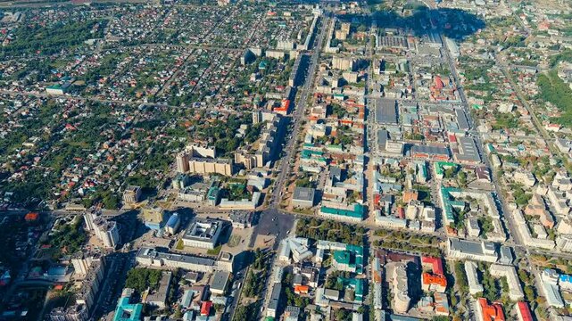 Tambov, Russia. International street. Lenin Square. Panoramic view of the city from the air. Drone footage